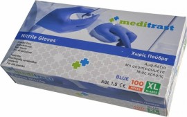 Γάντια Meditrast Νιτριλίου Χωρίς Πούδρα Μπλε, 100 τμχ