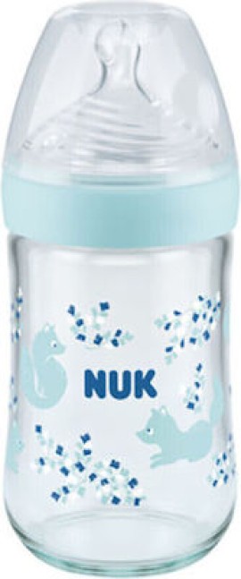 Nuk Γυάλινο Μπιμπερό Nature Sense Fox Γαλάζιο Κατά των Κολικών με Θηλή Σιλικόνης 240ml για 0-6 μηνών
