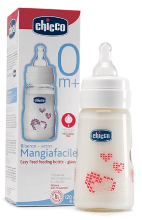 Chicco Μπιμπερό Γυάλινο Θηλή Σιλικόνης Ροζ Om+,120ml(711900104)