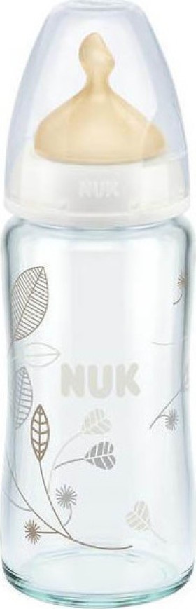 Nuk First Choice + Γυάλινο Μπιμπερό Λευκό Φύλλα, Θηλή Latex 240ml (10.745.086)