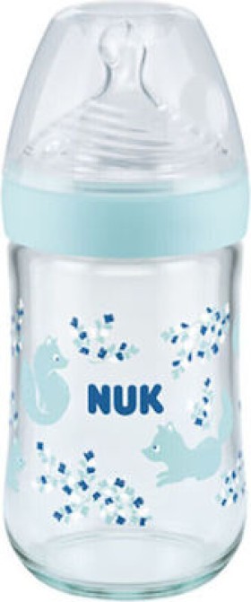 Nuk Γυάλινο Μπιμπερό Nature Sense Fox Γαλάζιο Κατά των Κολικών με Θηλή Σιλικόνης 240ml για 0-6 μηνών